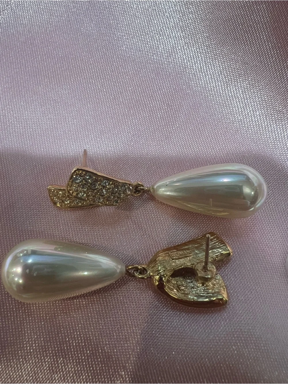 Gold-Tone Pearl Teardrop Drop Earrings with Crystal Accents